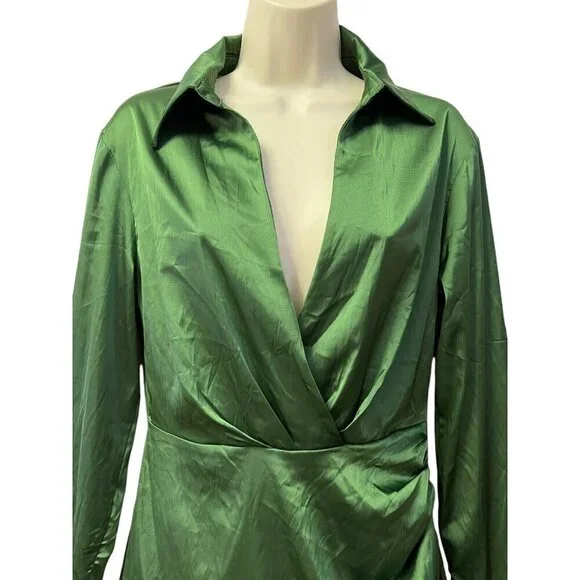 Cider Satin Faux Wrap Mini Dress Short Size‎ S Green L/S V-Neck Ruched Party NWT - Picture 3 of 16